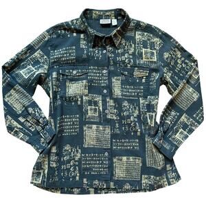 Vintage Chico’s Design Script Print Linen Blend Shirt Button Front Women’s XL 16